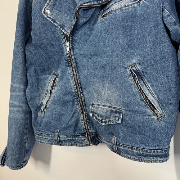 Zara Denim Blue Moto Biker Jean Jacket Distressed Jacket Size L - Picture 8 of 13